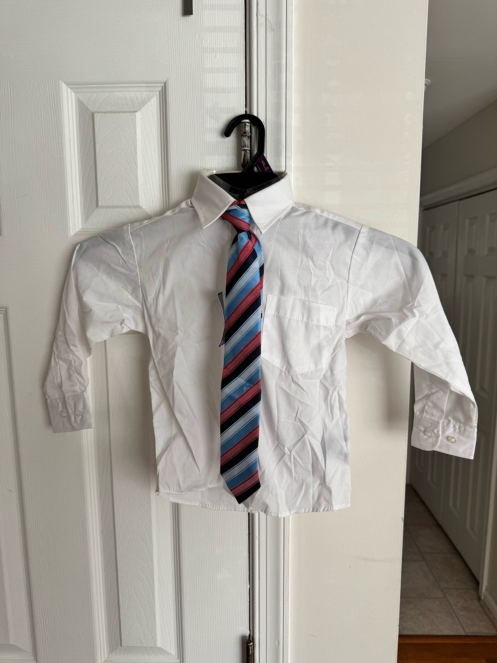 NWT Dockers Boys Dress Shirt & Tie Set Size 5 White Long Sleeve Striped Clip-On